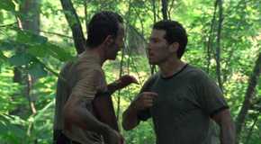 Rick (Andrew Lincoln) and Shane (Jon Bernthal) arguing in the woods in The Walking Dead