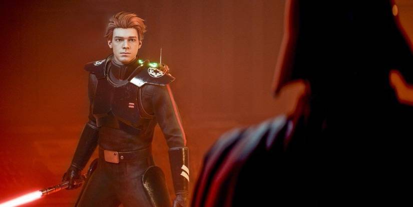 Cal Kestis facing Darth Vader, who has his back to the camera in Star Wars Jedi: Fallen Order