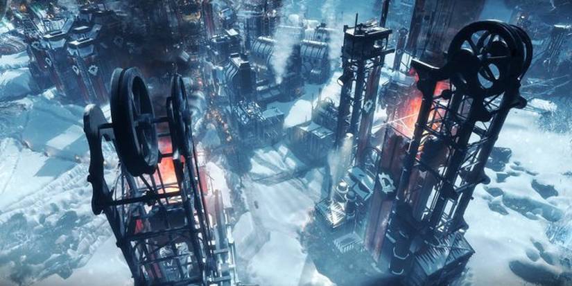 Edifícios no mundo gelado de Frostpunk.