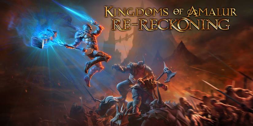 A character lunging towards enemies with a glowing hammer in Kingdoms of Amalur Re-Reckoning key art.