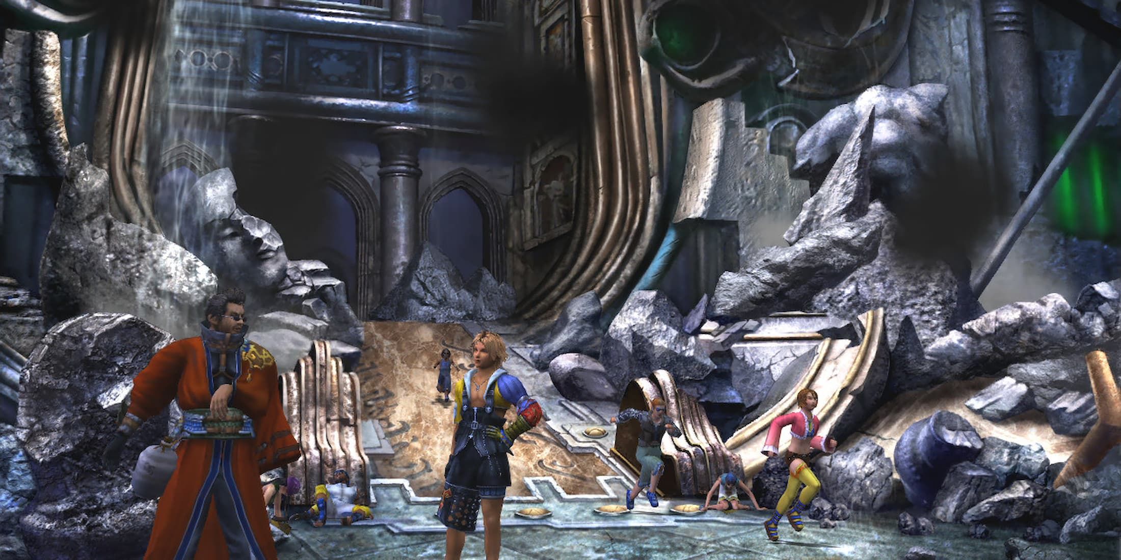 Final Fantasy 10 Remaster features Tidus, Yuna, and Auron standing among ruins.