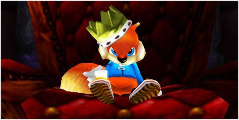 Conker's Bad Fur day conker sitting on the ground with a crown on his head