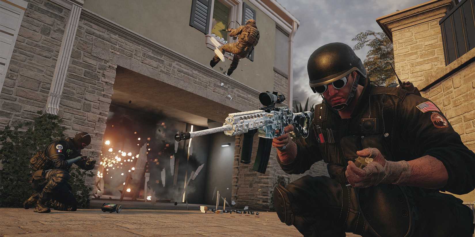 A soldier outside of a house being attacked in Rainbow Six Siege.
