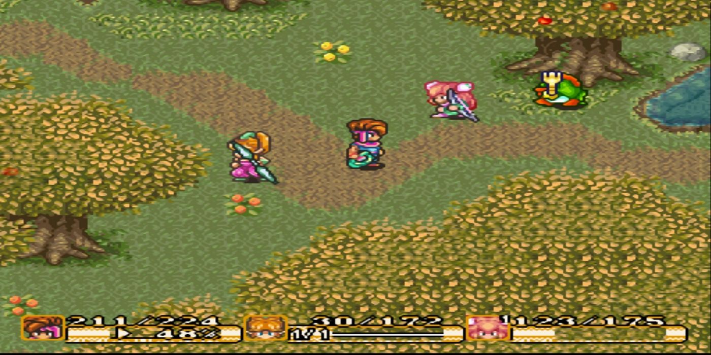 Personaggi combattono in Secret of Mana.