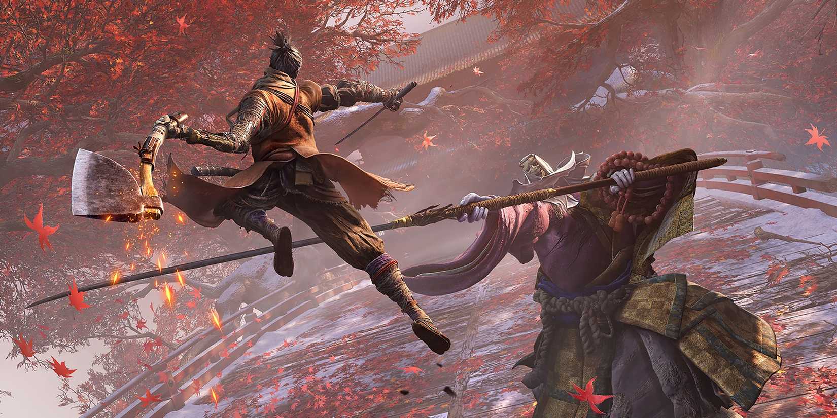The player leaping at a boss in Sekiro.