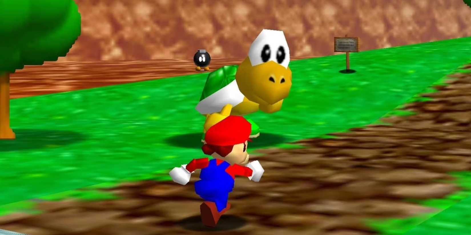 Super Mario 64 screenshot of Mario running past a Koopa