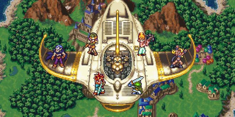 the main cast of chrono trigger traveling on top of the epoch time machine