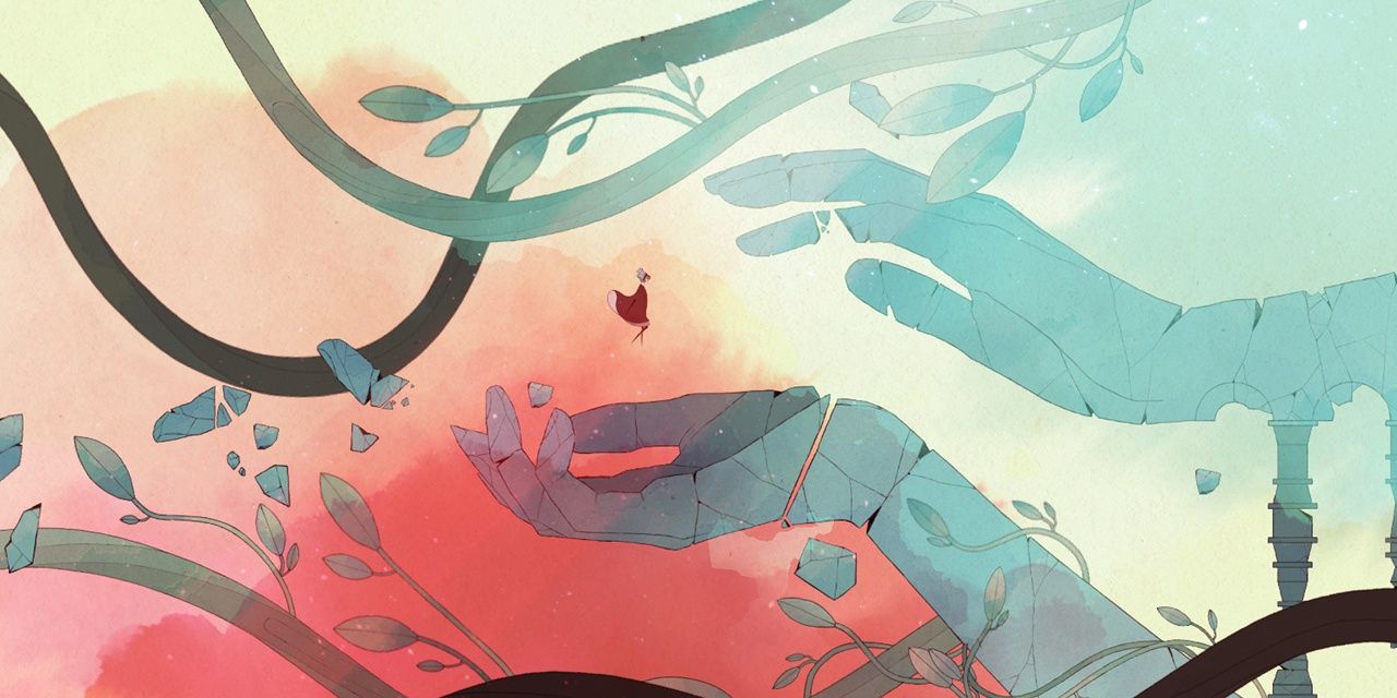 Immagine dal gioco Gris con protagonista fluttuante tra mani rotte