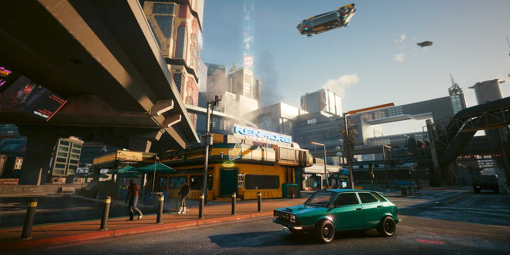 A car outside of a diner in Night City in Cyberpunk 2077.