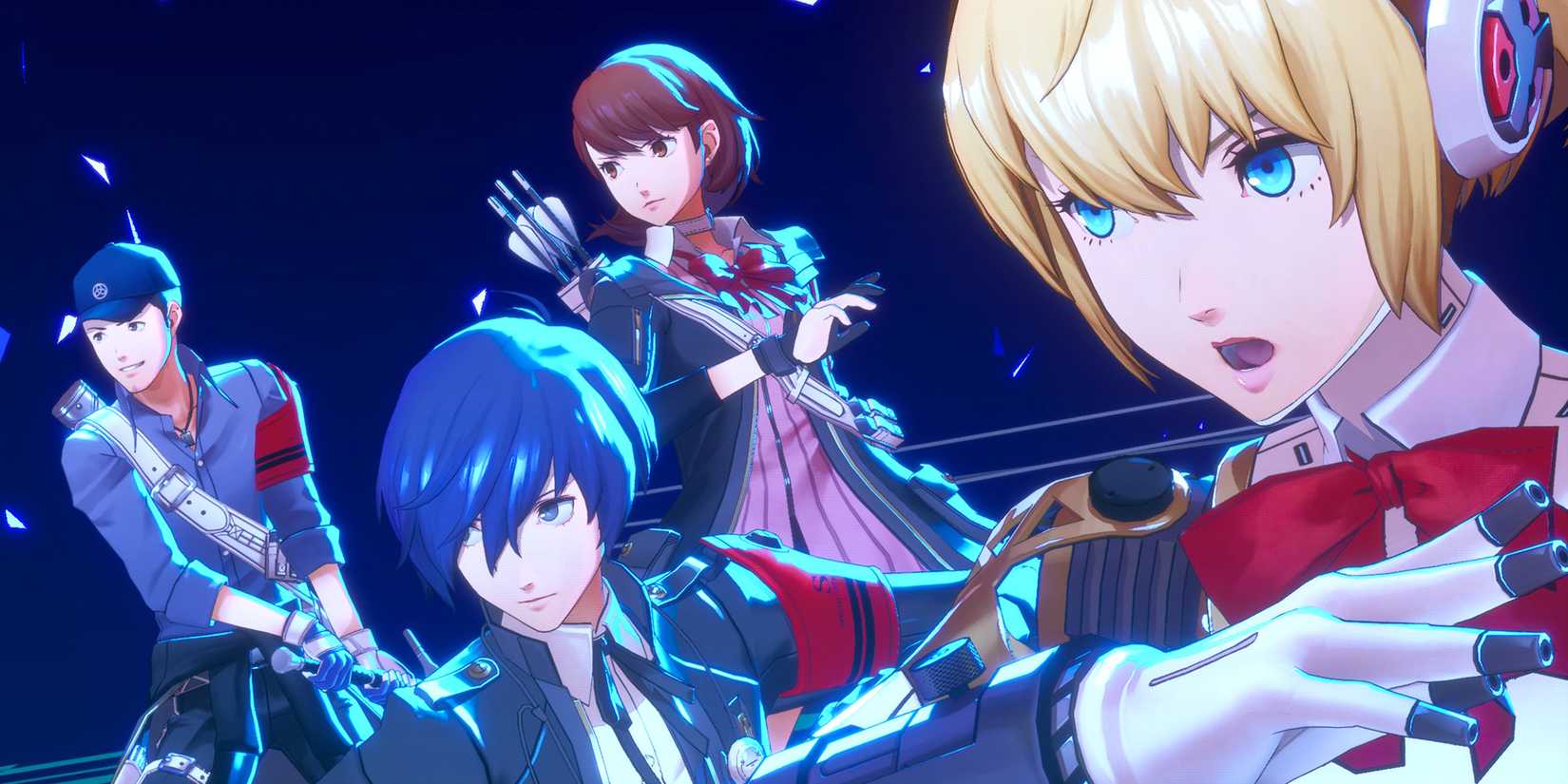 A Persona 3 Reload screenshot featuring an All-Out Attack by Aigis, Makoto, Yukari, and Junpei.