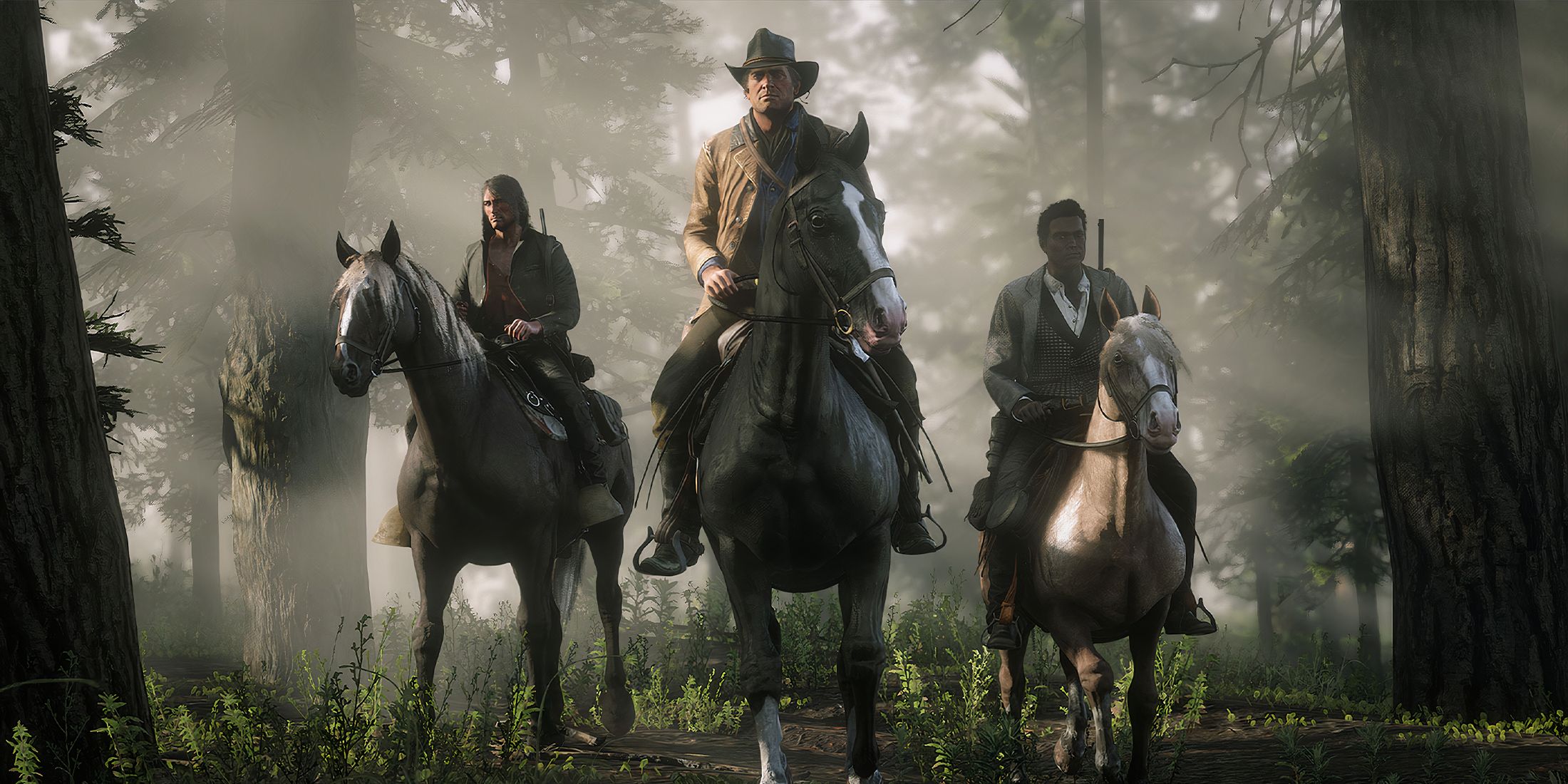Arthur on a horse with two others behind him in RDR2
