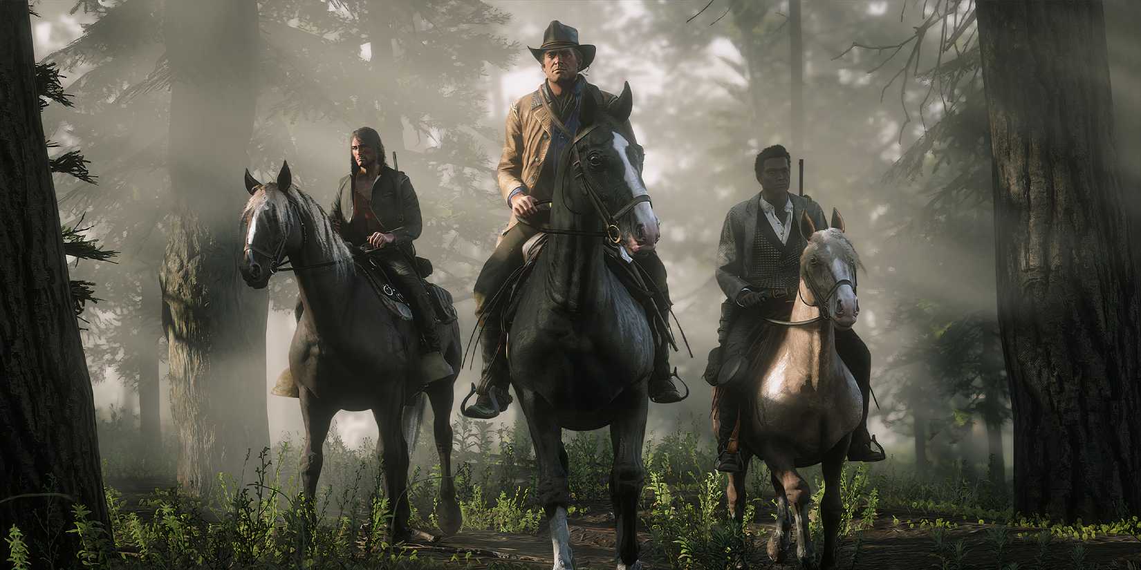 Arthur on a horse with two others behind him in Red Dead Redemption 2.