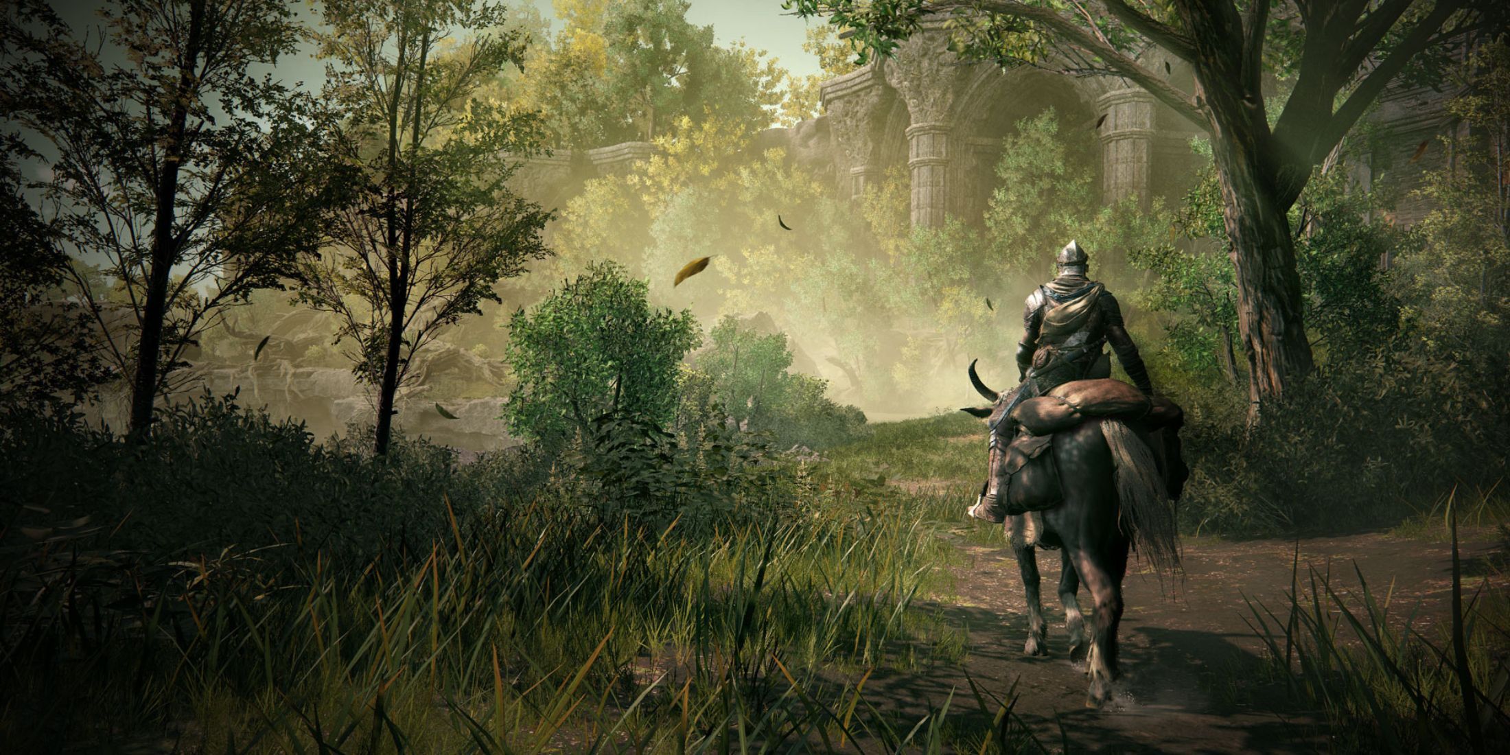 The player riding on Torrent through a forest in Elden Ring.