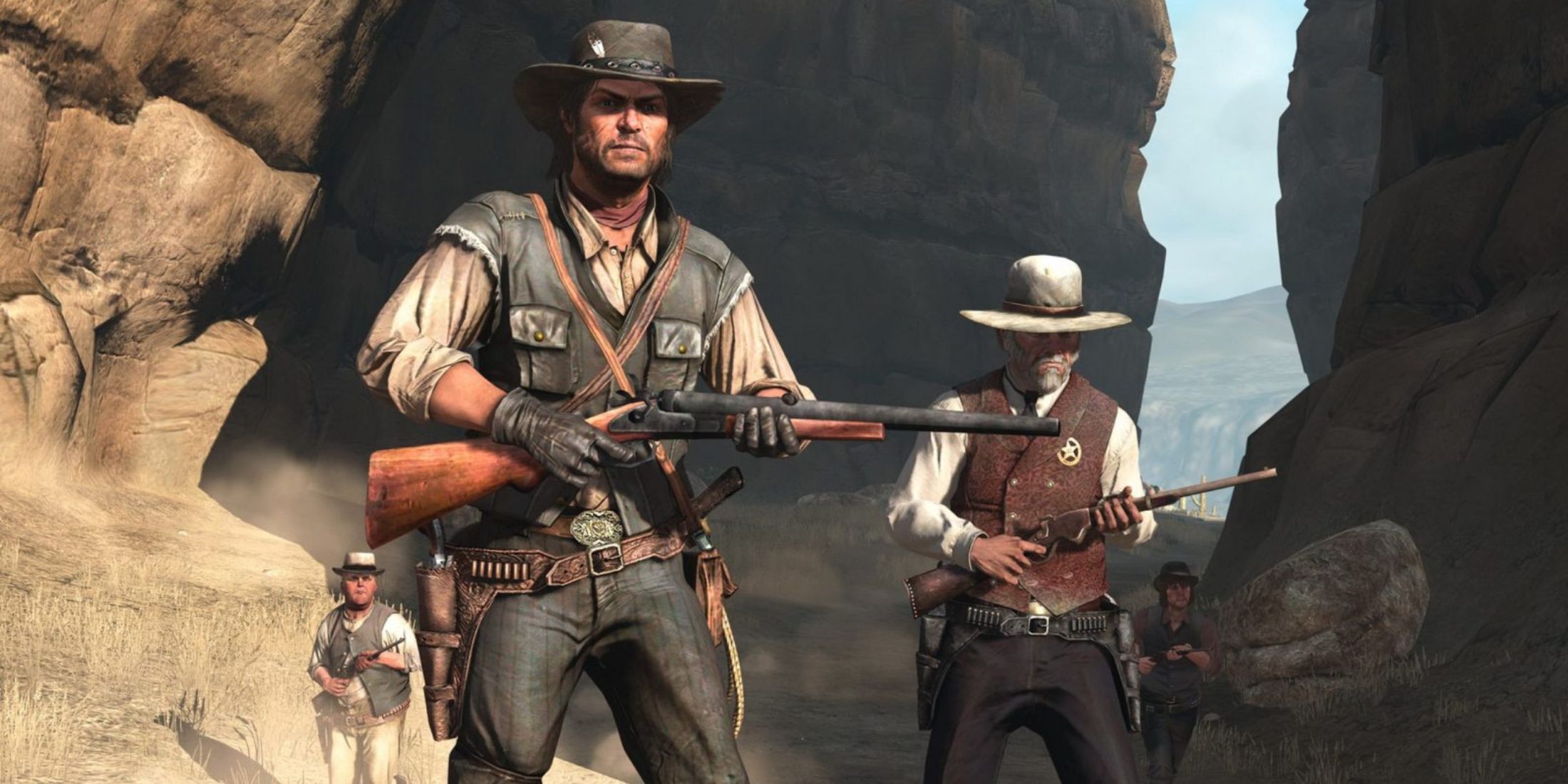 John Marston holding a rifle with a sheriff in Red Dead Redemption.