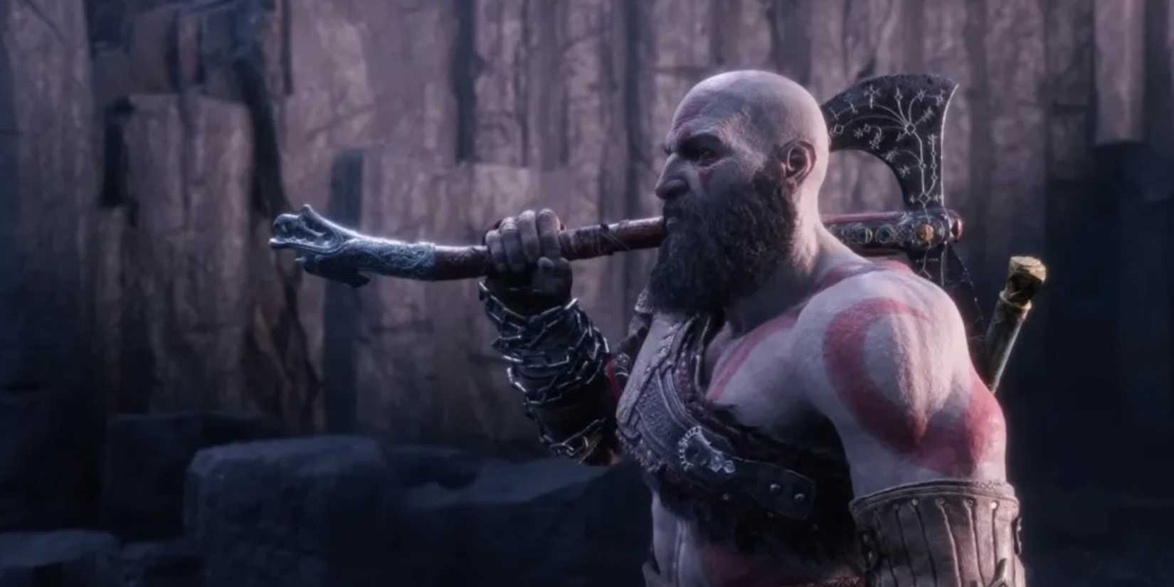 Kratos carrying an axe in God of War Ragnarok.