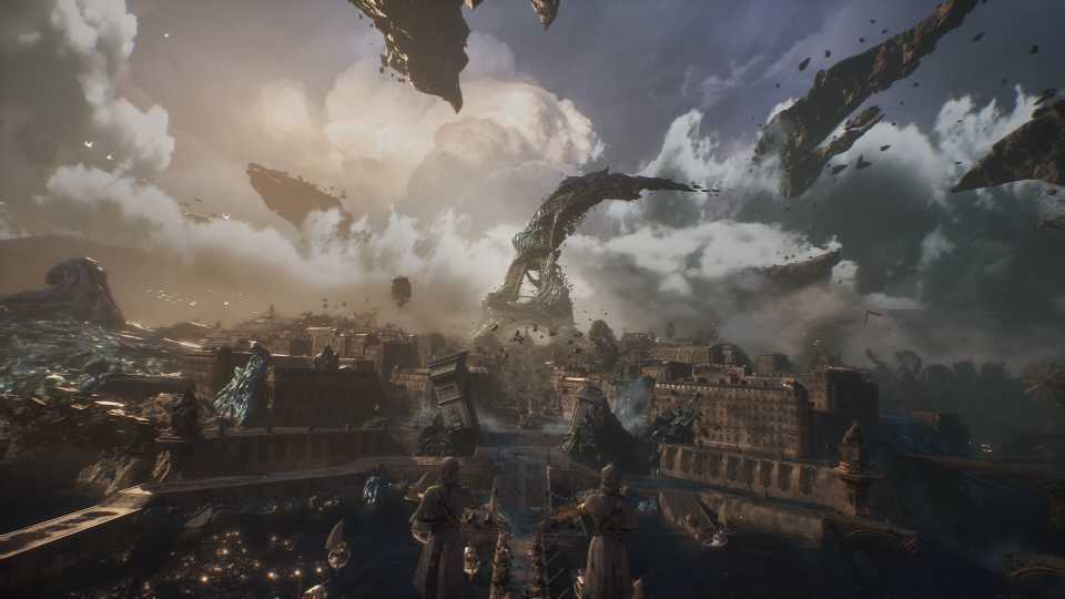 Clair Obscur Expedition 33 screenshot showing a large bent tower rising over a city