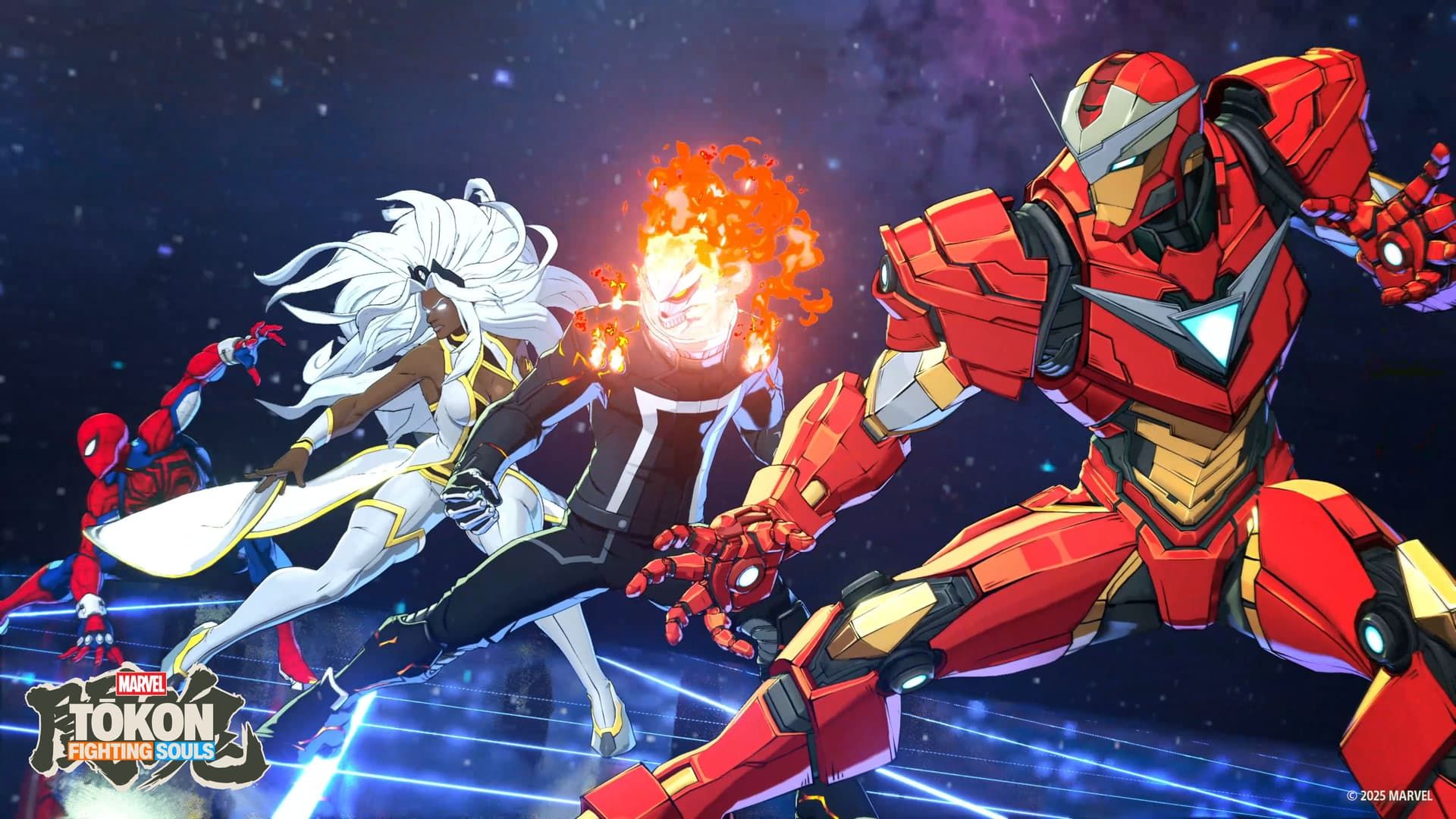 Marvel Tokon Fighting Souls featuring Iron Man, Ghost Rider, Storm, and Spider-Man