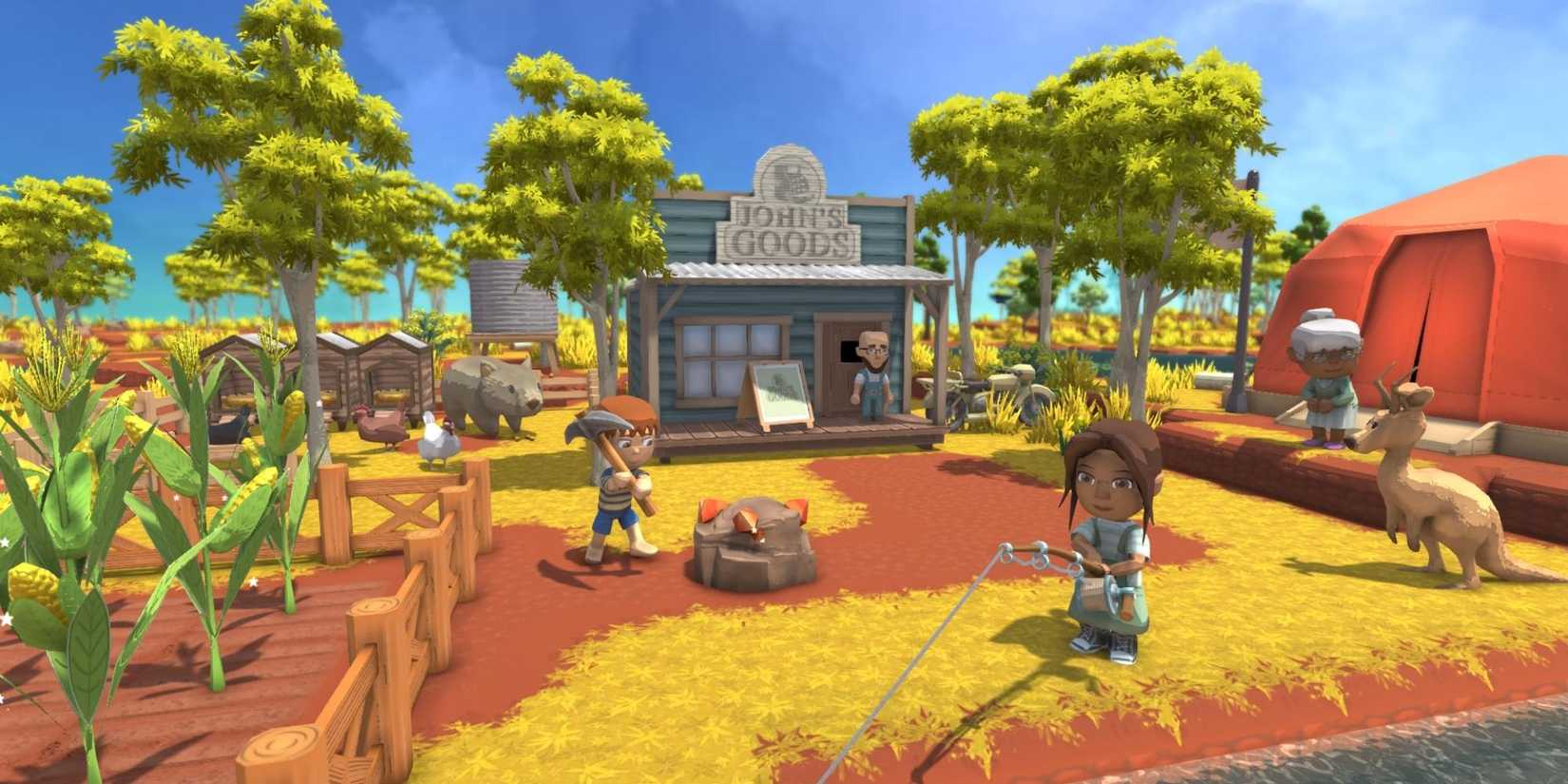 Screenshot of Dinkum with two characters fishing and mining in front of the general store