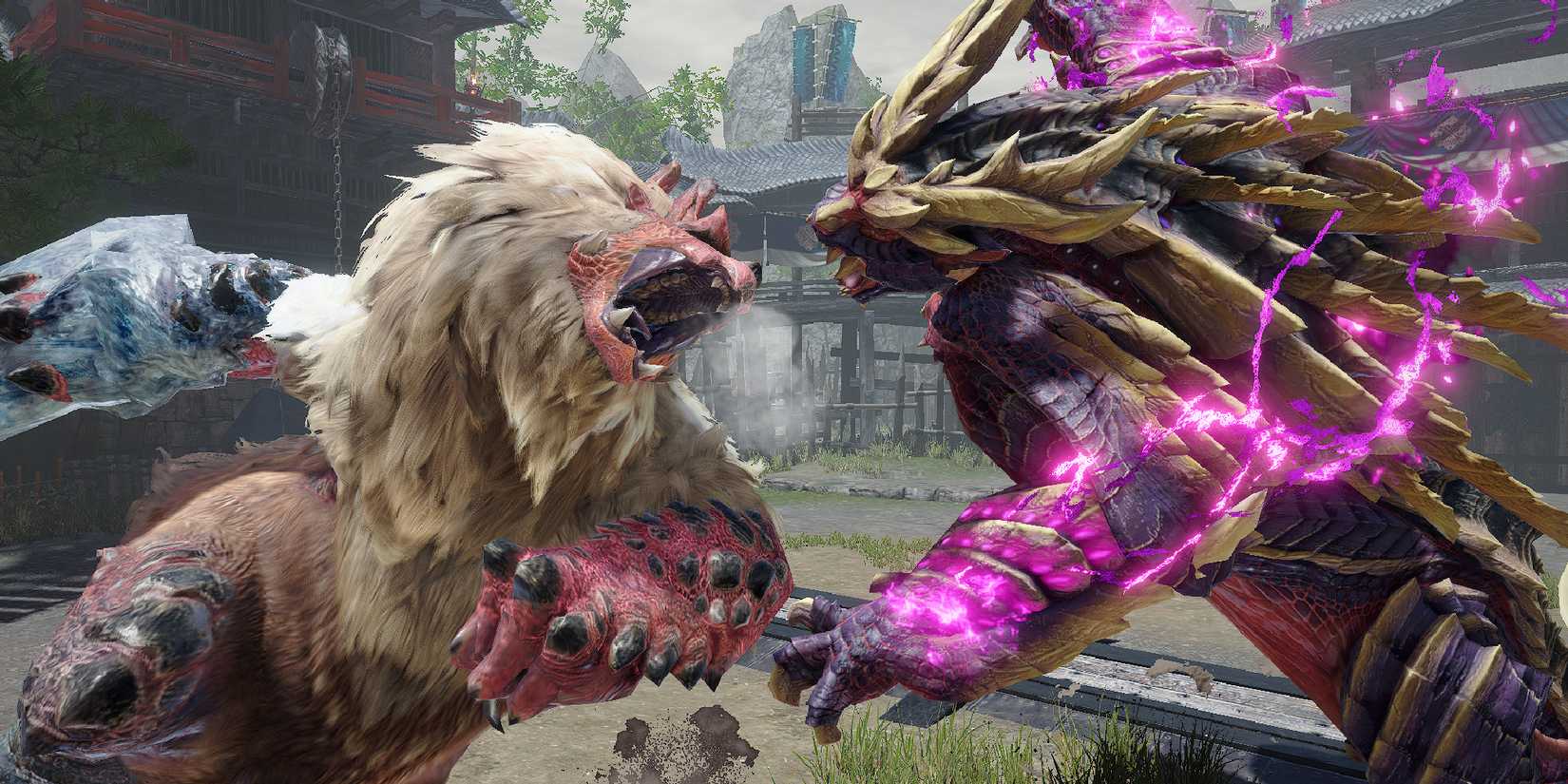 A Goss Harag and Magnamalo about to attack each other in Monster Hunter Rise