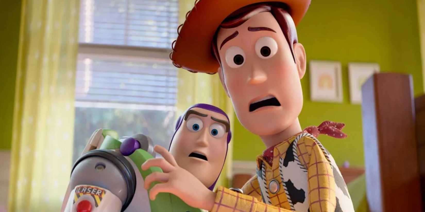 Buzz and Woody looking scared in the Toy Story 5 trailer.