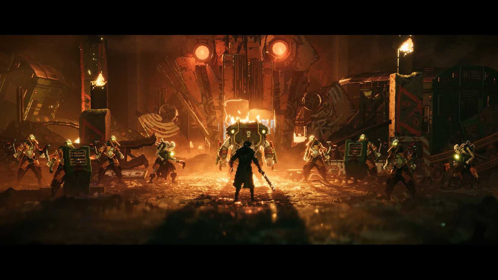 R.E.A.C.H in Replaced stands before an army of enemies. 