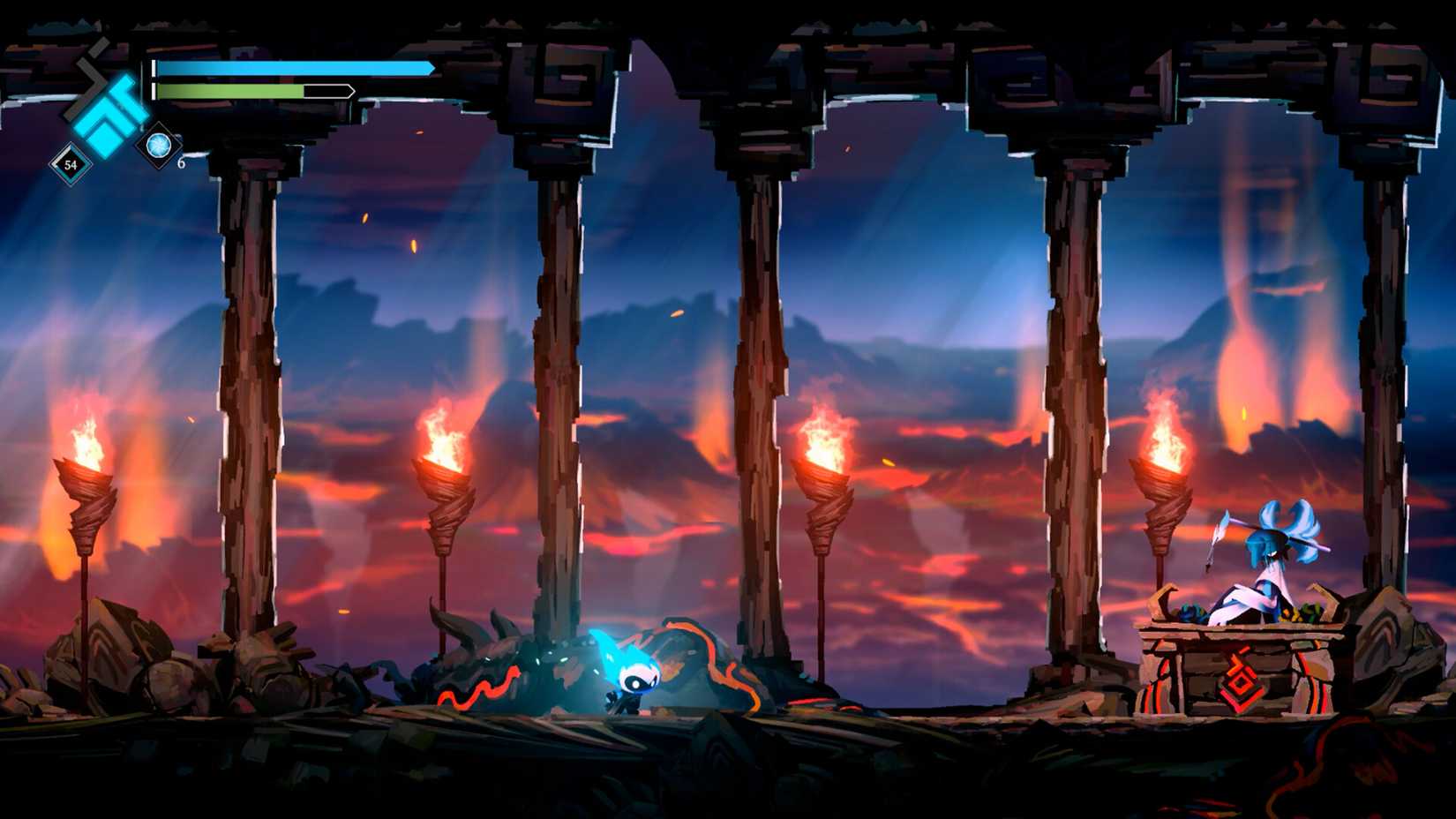 A blue fire warrior crossing a hand-painted background in Solateria.