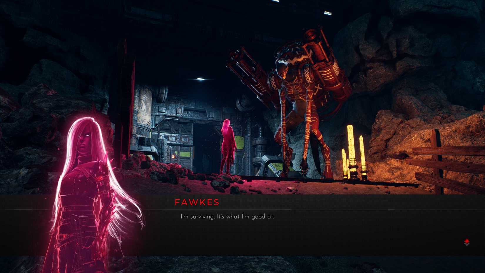 Fawkes from Luna Abyss speaking to Luna, the titular character. 