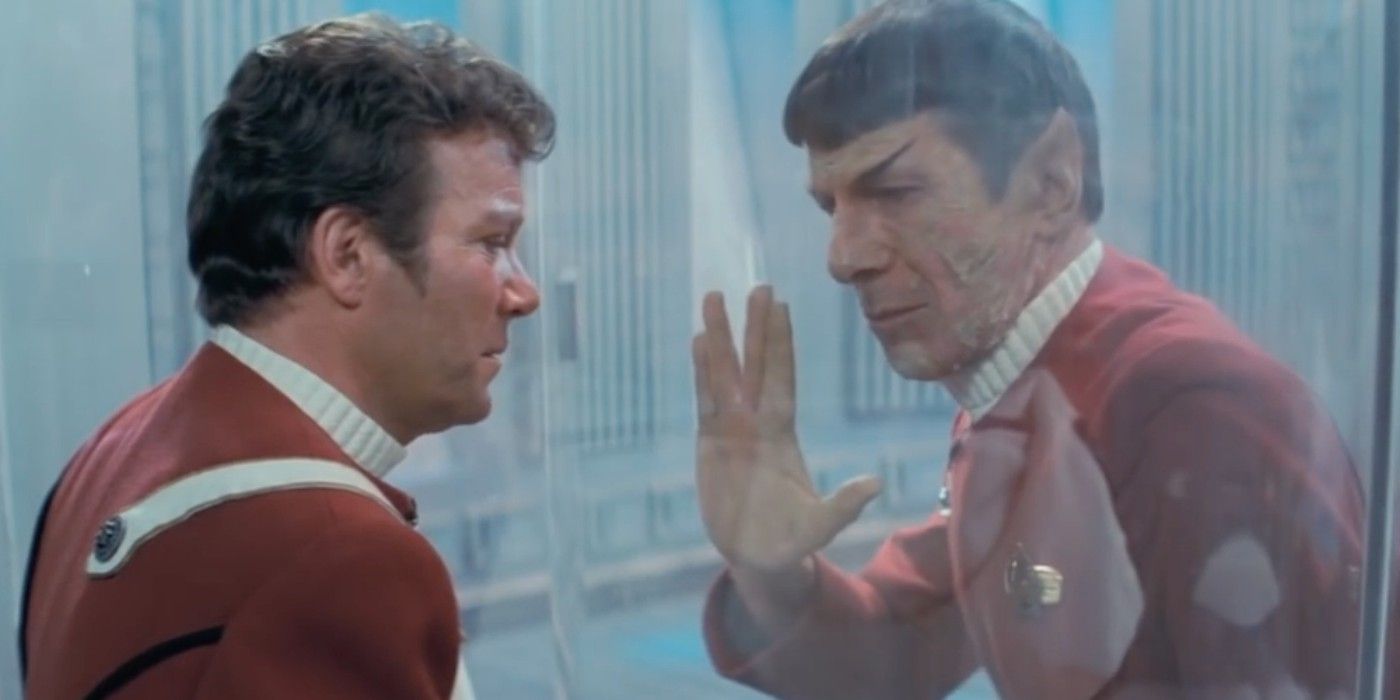 Spock gives Kirk the Vulcan salute through glass in Wrath of Khan 