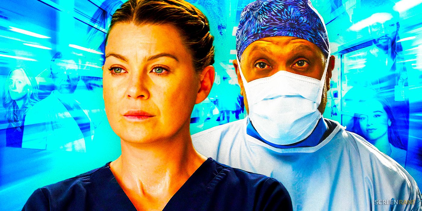 Ellen Pompeo who plays Meredith Gray looks sad in front of Dr. Webber in full surgical gear on Grey's Anatomy