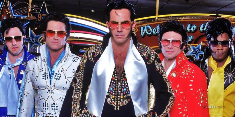 David Arquette, Kurt Russell, Kevin Costner, Christian Slater and Bokeem Woodbine as Elvis impersonators in 3000 Miles to Graceland