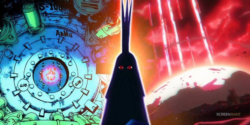 Imu's shadowy silhouette from one piece in the center with the mother flame as seen on egghead in the manga to the left and the motherflame attacking lulusia to the right-1