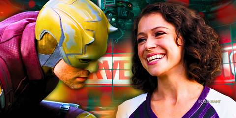 Charlie Cox as Daredevil and Tatiana Maslany as Jennifer Walters in She-Hulk: Attorney at Law with a Marvel Studios background