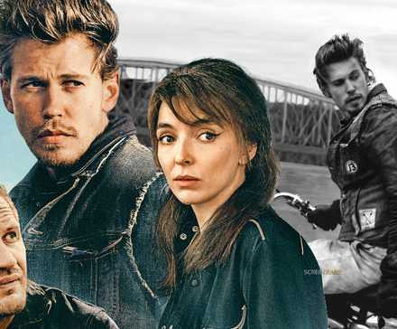 Том Харди, Остин Батлер и Джоди Комер в постере к фильму "The Bikeriders" и Бенни на мотоцикле