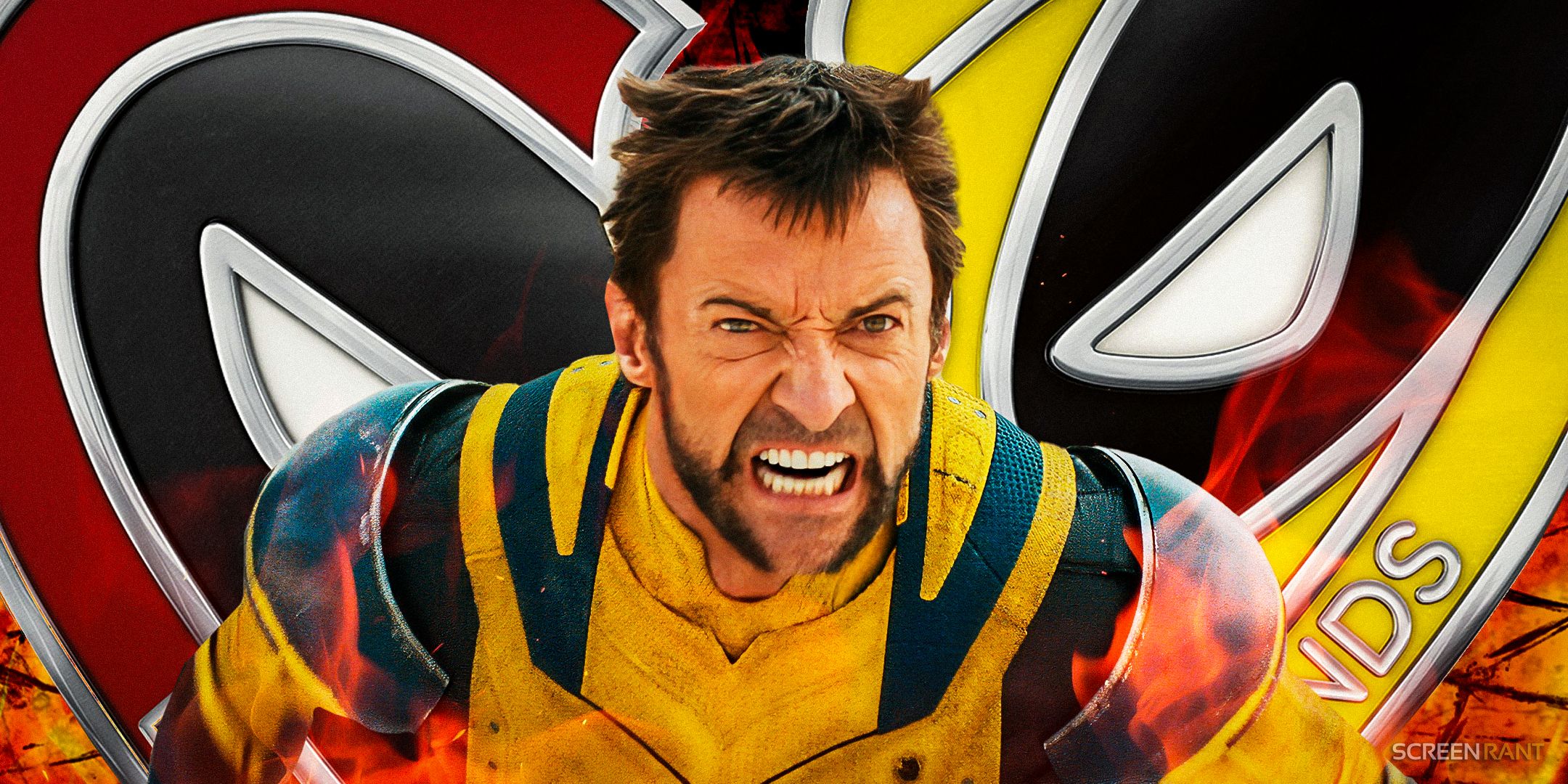 Hugh Jackman As Wolverine Growling In A Fighting Stance With The Deadpool & Wolverine Friendship Necklaces In The Background