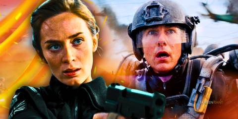 Emily Blunt's Rita pointing at gun in Edge of Tomorrow alongside Tom Cruise's Cage in battle armor