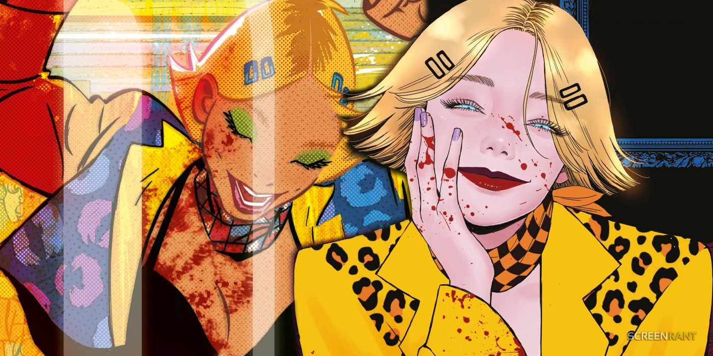 Comic book art: two images of a petite white blonde woman smiling and splattered with blood.