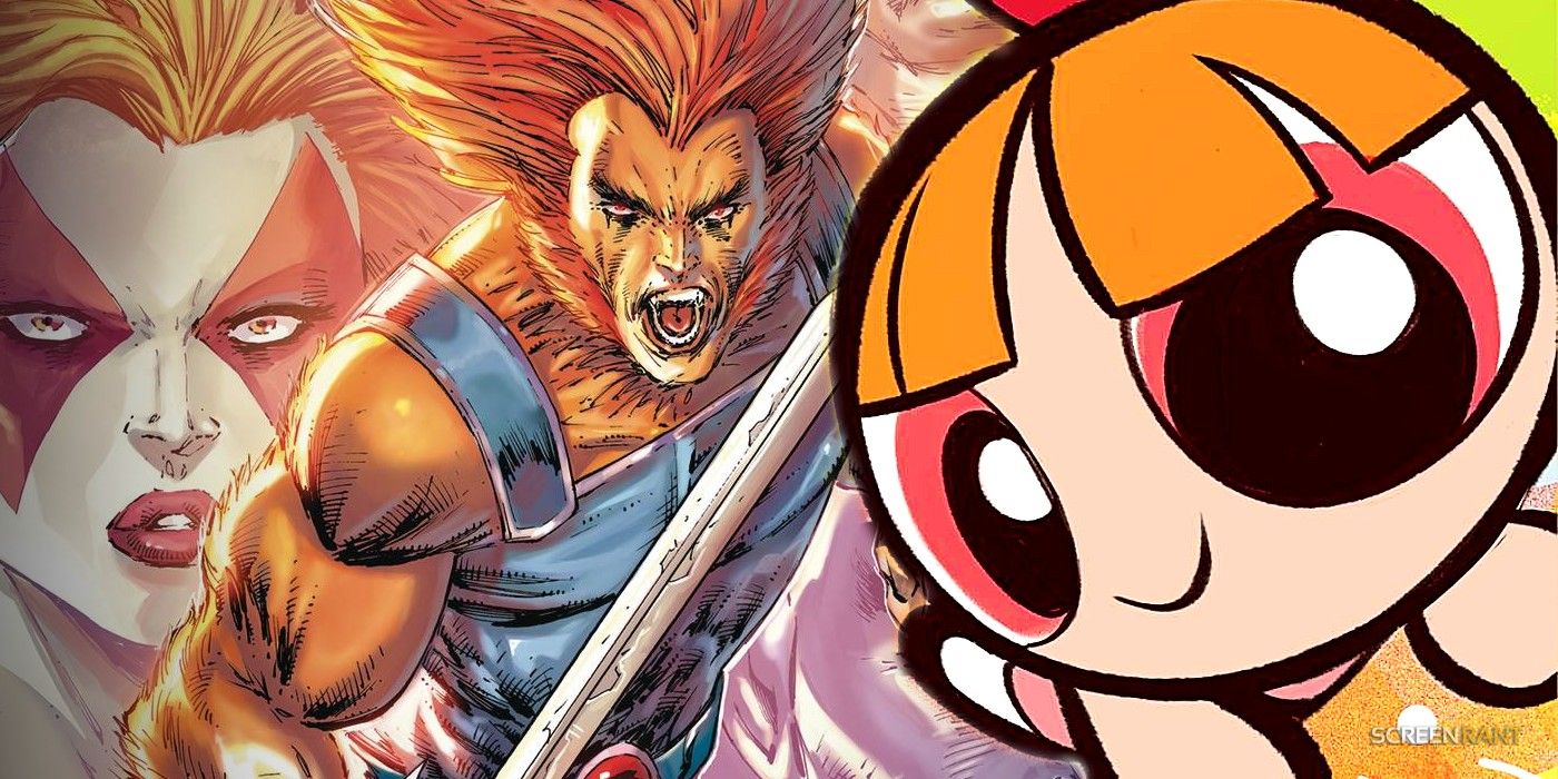 Comic book art: Blossom from the Powerpuff Girls in front of Thundercats.