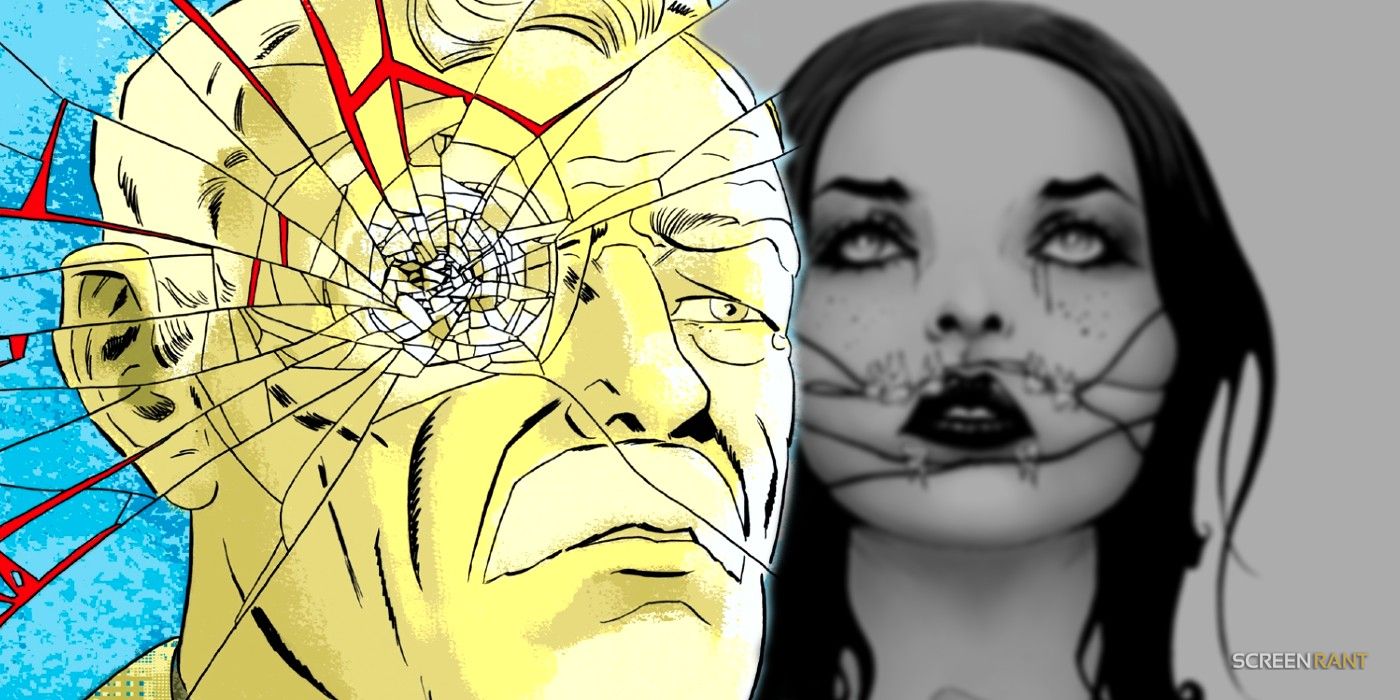 Comic book art: an older man with a mustache with his eye shattered in front of a woman in black and white with wire over her mouth.