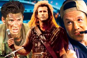 Mark Wahlberg from Flight Risk, Gibson as William Wallace holding a sword in Braveheart and Andrew Garfield in Hacksaw Ridge