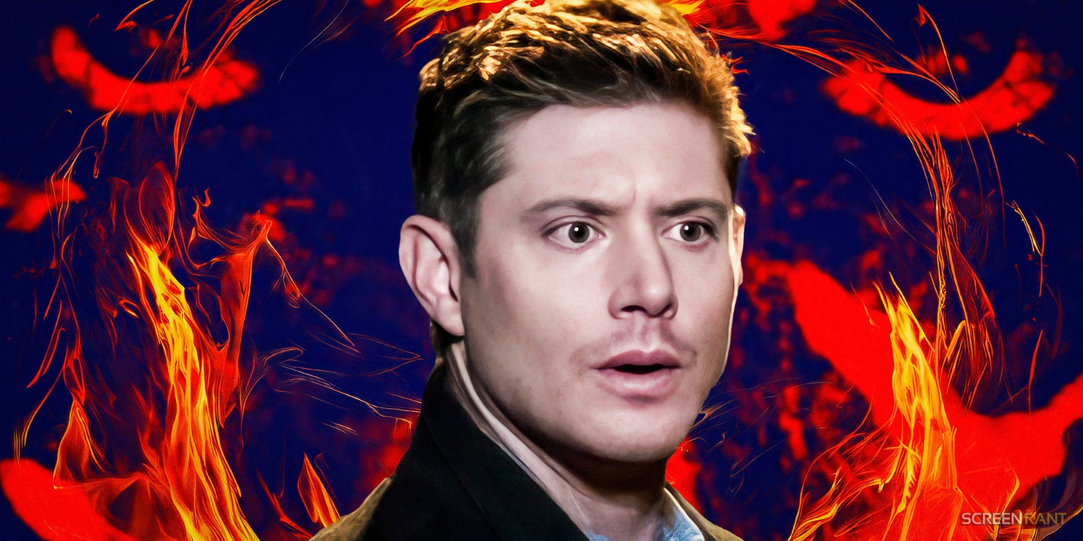 Jensen Ackles as Dean Winchester in front of a fiery background in Supernatural.