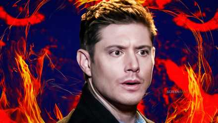 Jensen Ackles as Dean Winchester in front of a fiery background in Supernatural.