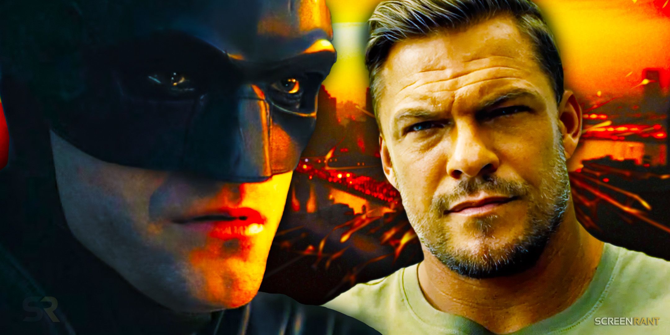 Alan Ritchson looking stoic in Reacher next to Robert Pattinson's Batman
