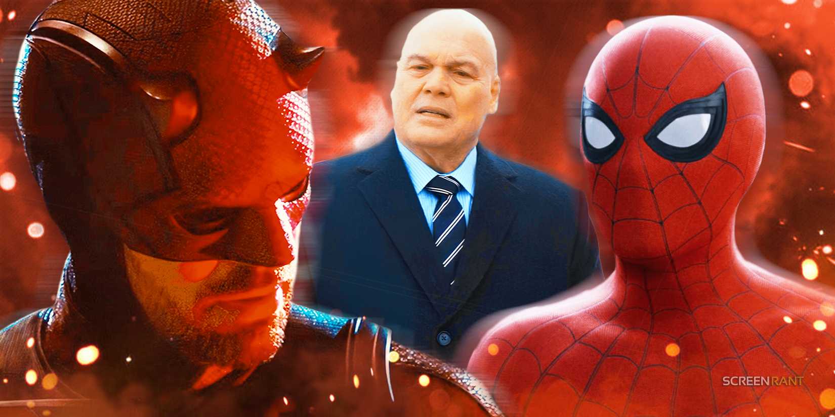 Charlie Cox's Daredevil and Tom Holland's Spider-Man suited up with Kingpin between them