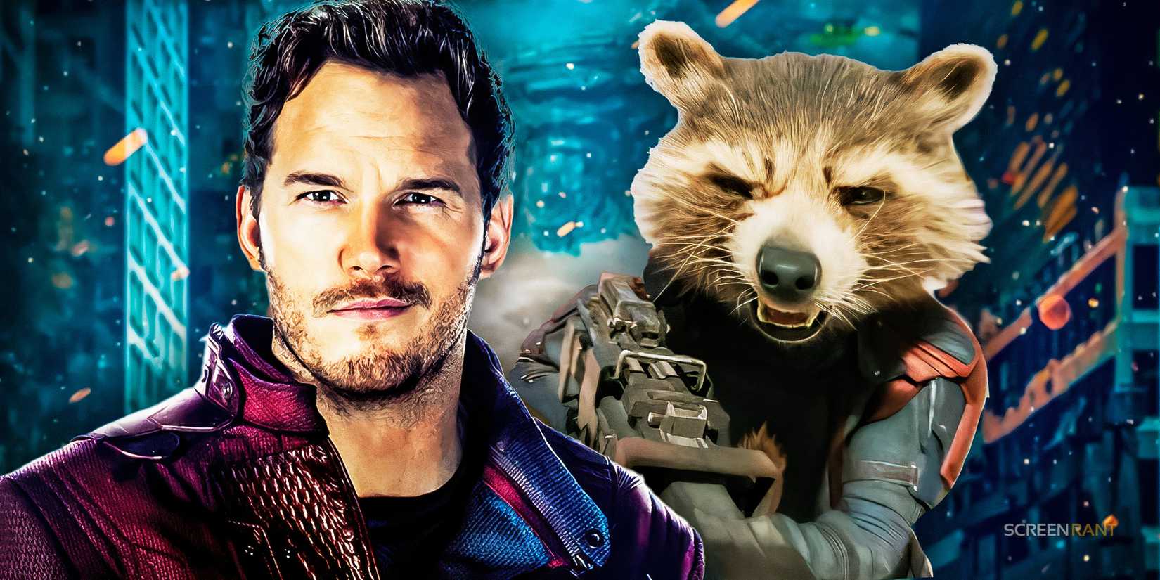 Chris Pratt&rsquo;s Star-Lord and Rocket Raccoon from Guardians of the Galaxy Vol. 3 in front of a shot of the Avengers from their first movie