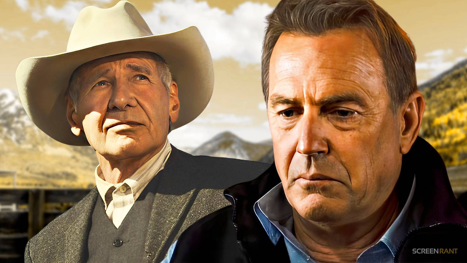 Jacob Dutton (Harrison Ford looking at peace) in 1923 and Kevin Costner's John Dutton (sad) in Yellowstone