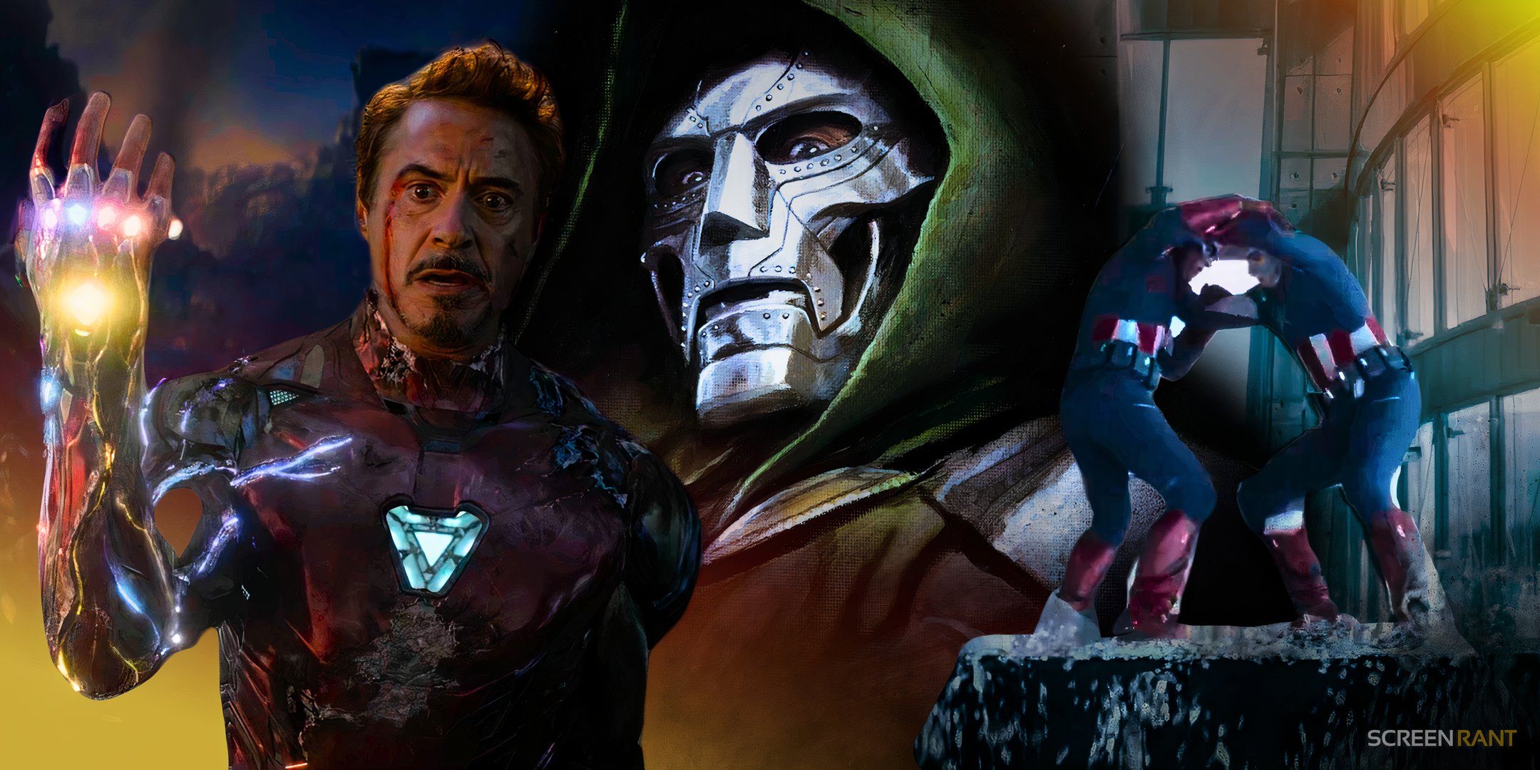 Tony Stark de Robert Downey Jr. de Avengers: Endgame, el Capitán América de cuando lucha contra sí mismo en Endgame y el Doctor Doom al fondo.