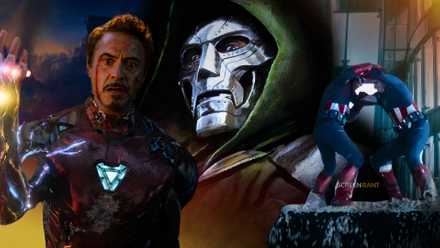 Tony Stark de Robert Downey Jr. de Avengers: Endgame, el Capitán América de cuando lucha contra sí mismo en Endgame y el Doctor Doom al fondo.