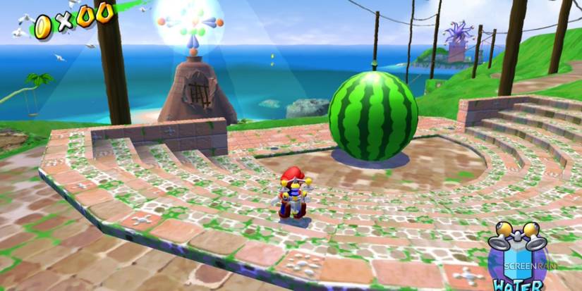 Mario standing next to a giant watermelon in Super Mario Sunshine.