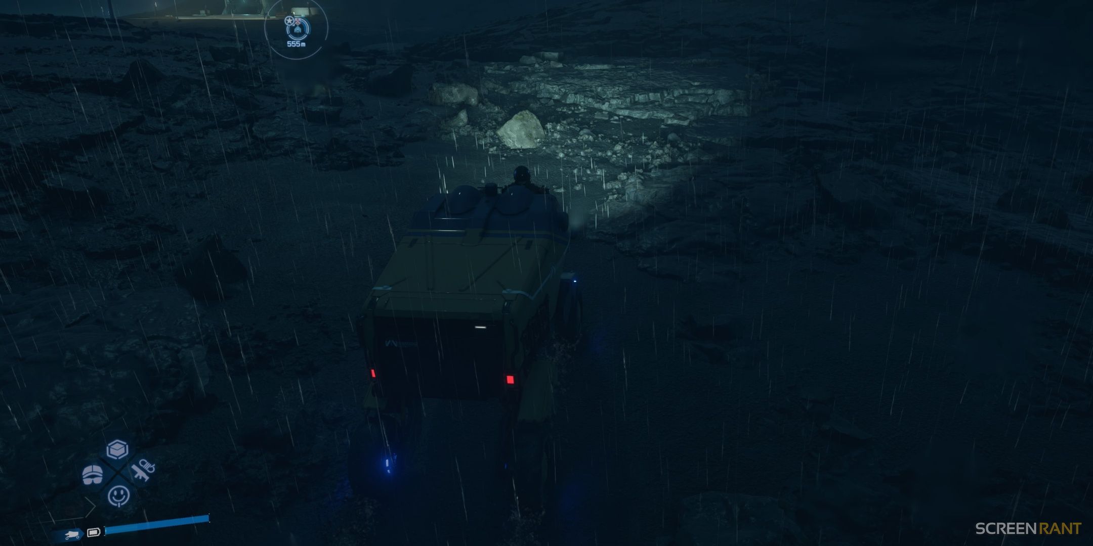 Driving in a truck at night in Death Stranding 2.