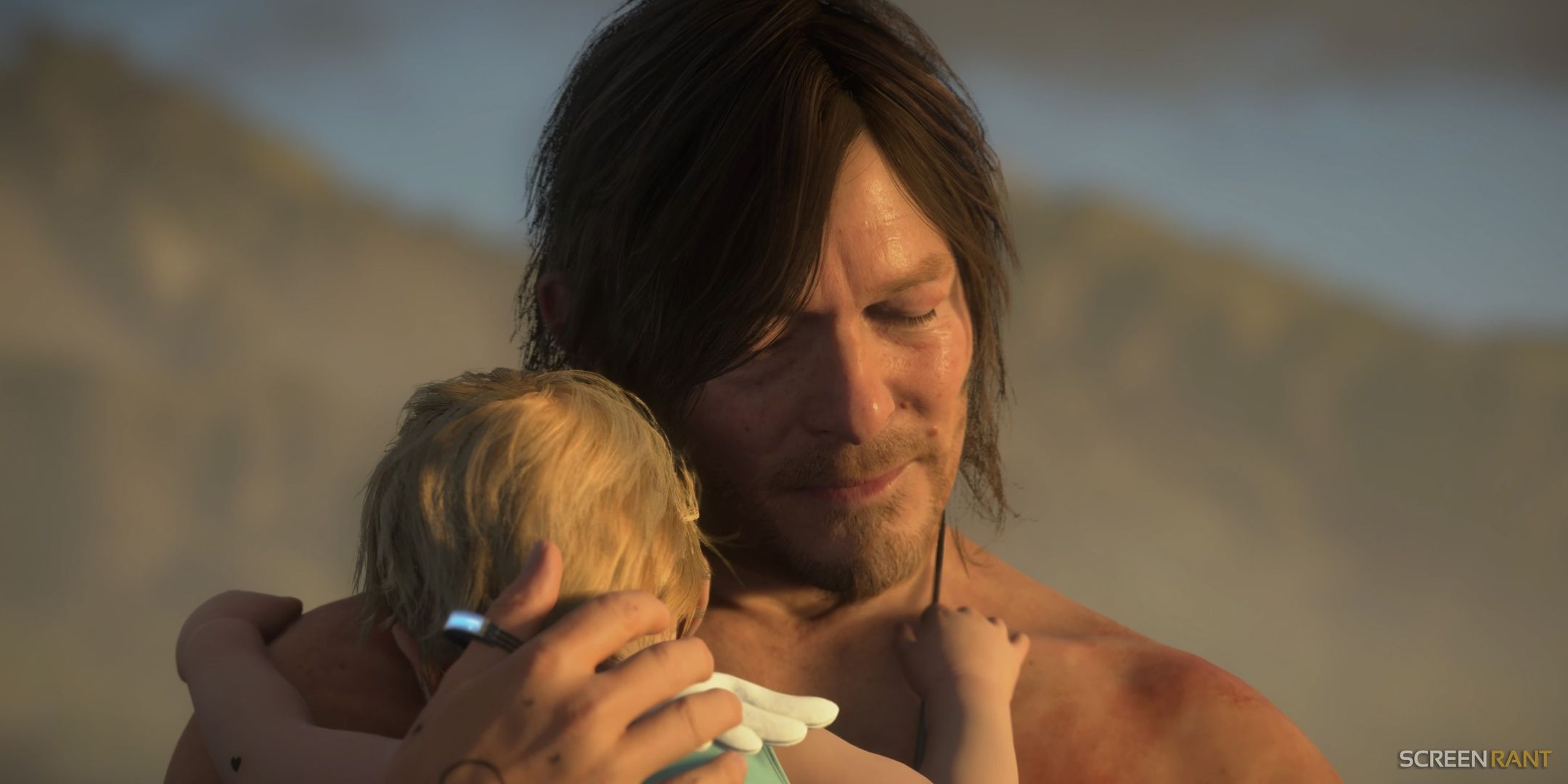 Sam holding Lou in Death Stranding 2.